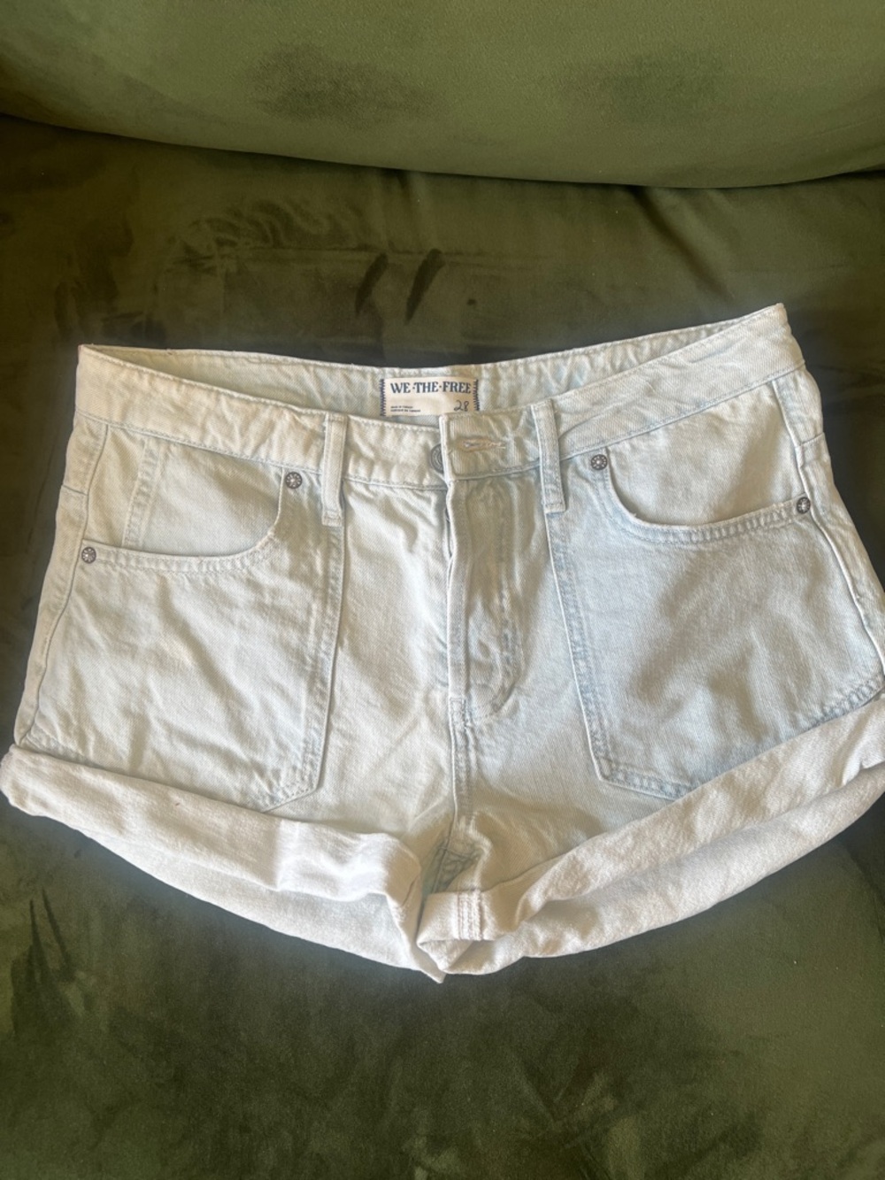 We The Free Light White Denim Rolled-Hem Shorts